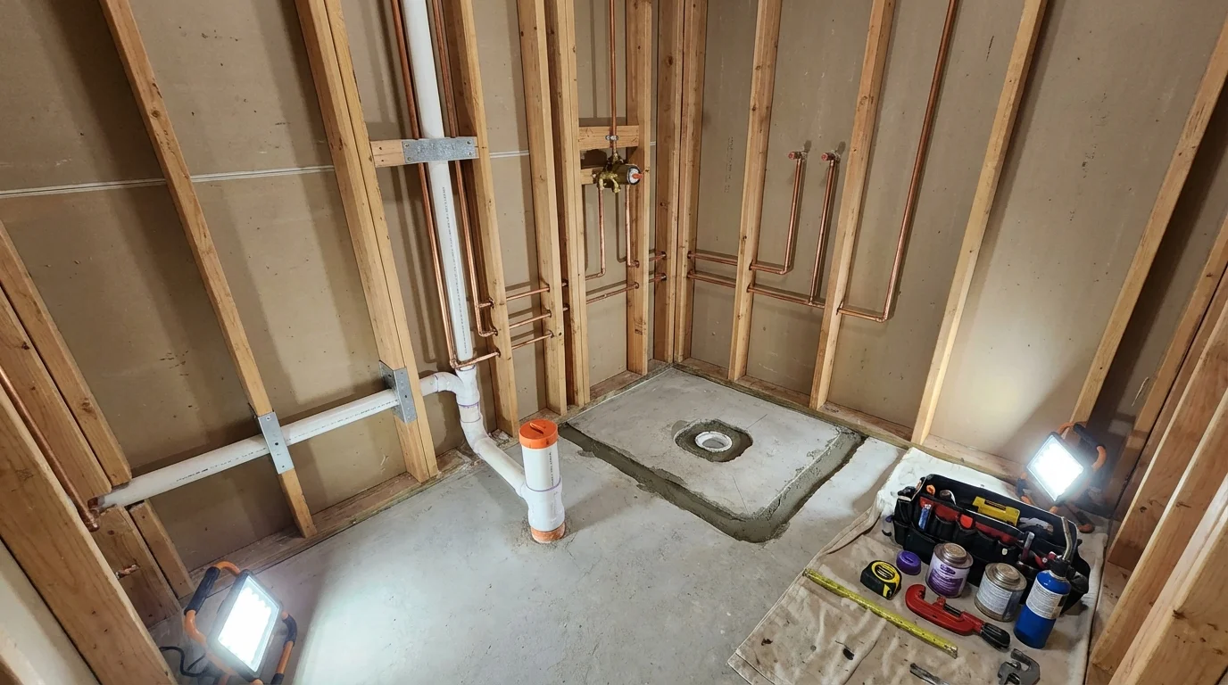 Bathroom rough-in plumbing during remodel by Johns Plumbing LLC in Rye