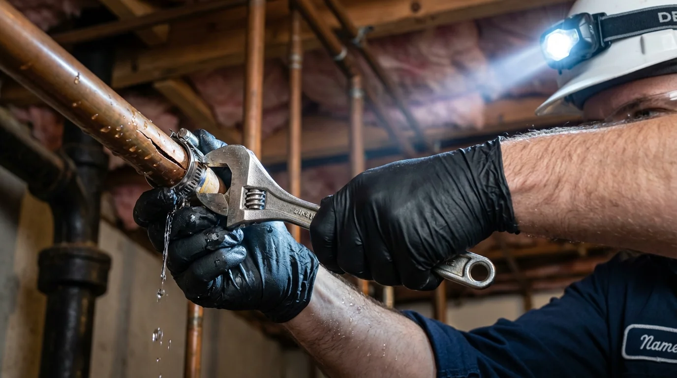 Emergency pipe clamp repair being performed by a Johns Plumbing LLC plumber in Rye