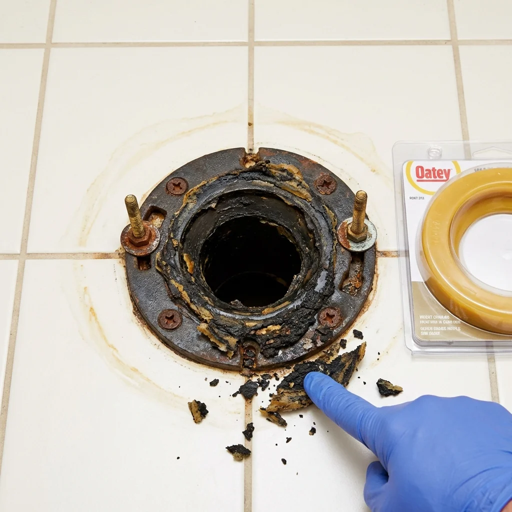 Failed wax ring showing water seepage at the base of a toilet in a Rye, NH home