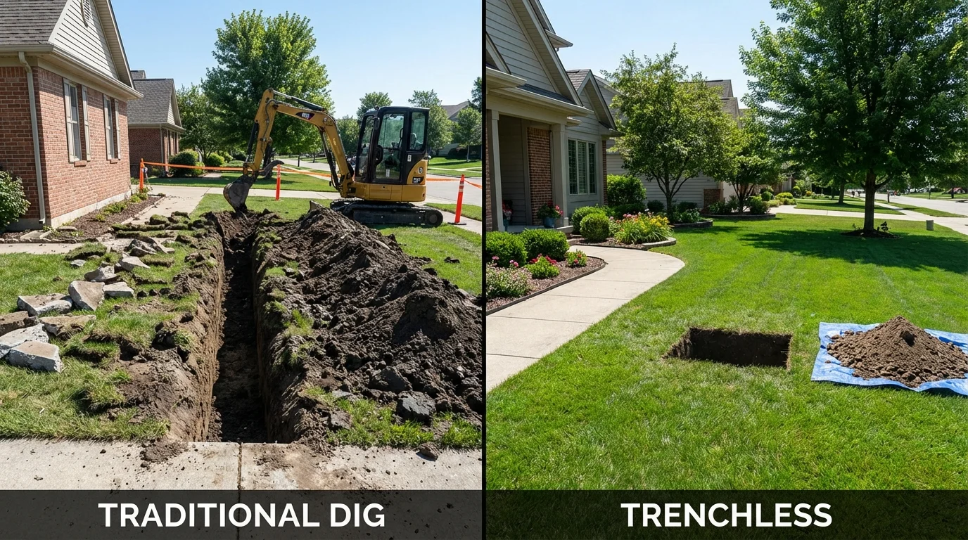 Trenchless sewer repair with minimal yard damage versus traditional excavation in Rye, NH