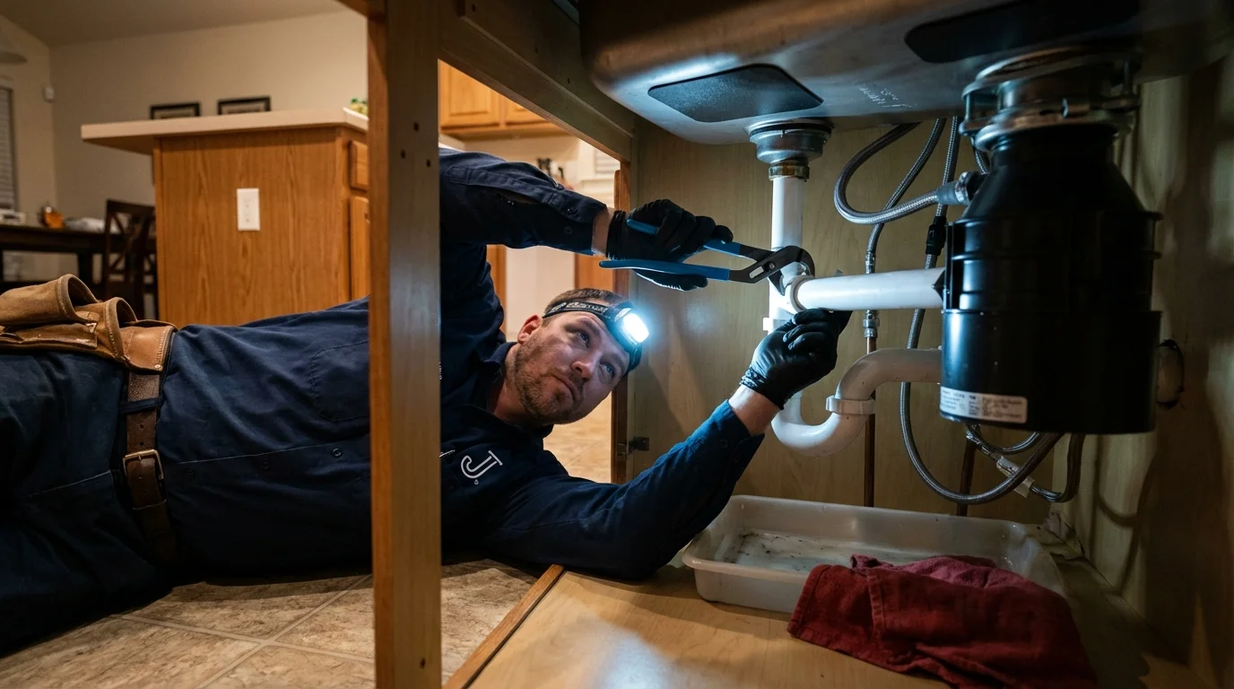 P-trap and supply line connections under a kitchen sink showing a common leak point in Rye, NH